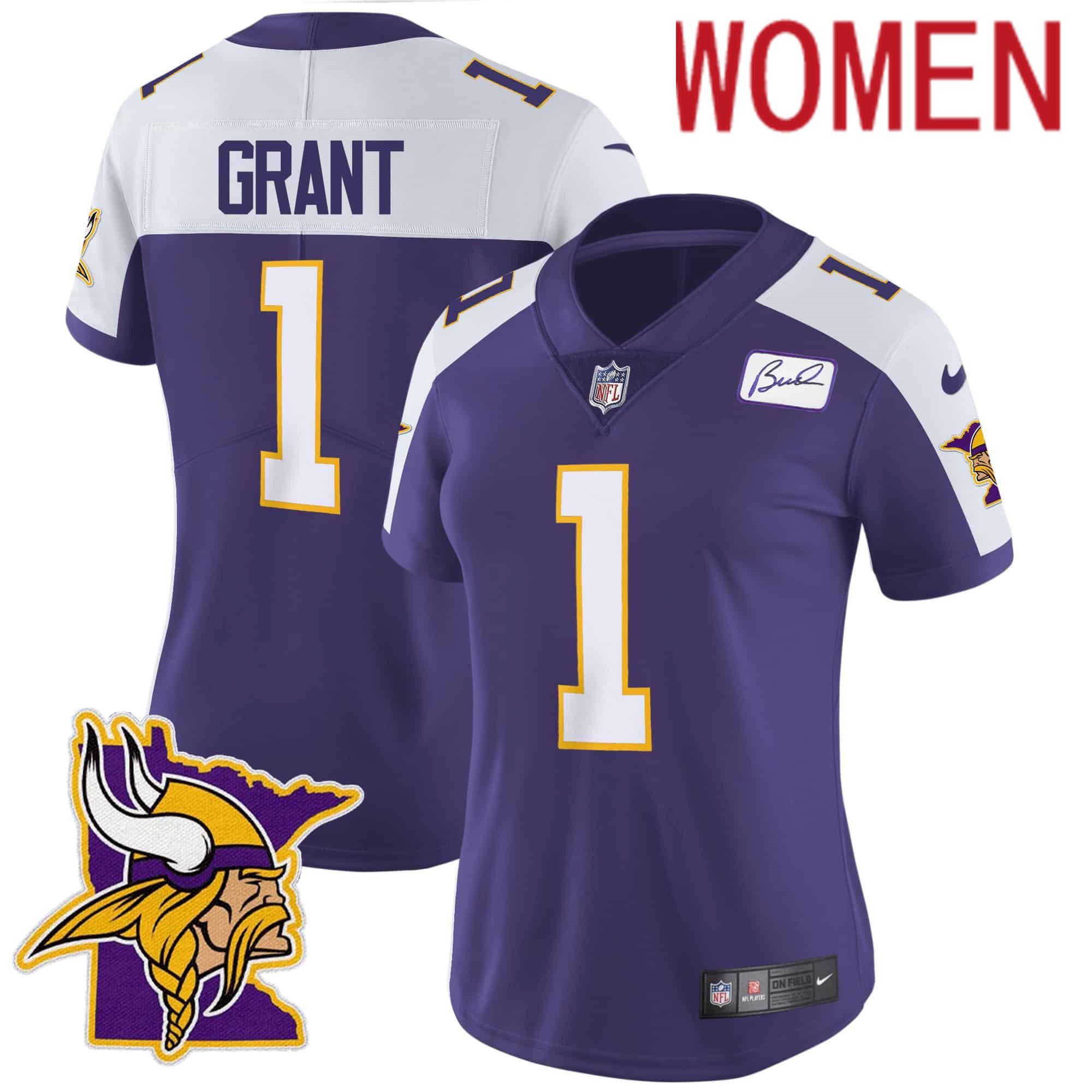 Women Minnesota Vikings #1 Grant Purple 2024 Nike Patch Classic Limited NFL Jersey